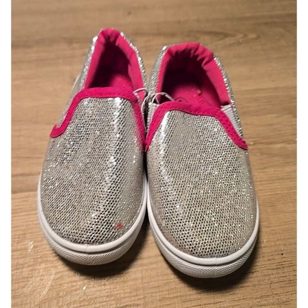 Toddler Girls Swiggles Silver Glitter w/ Pink Trim Slip On Tennis Shoes Size 5